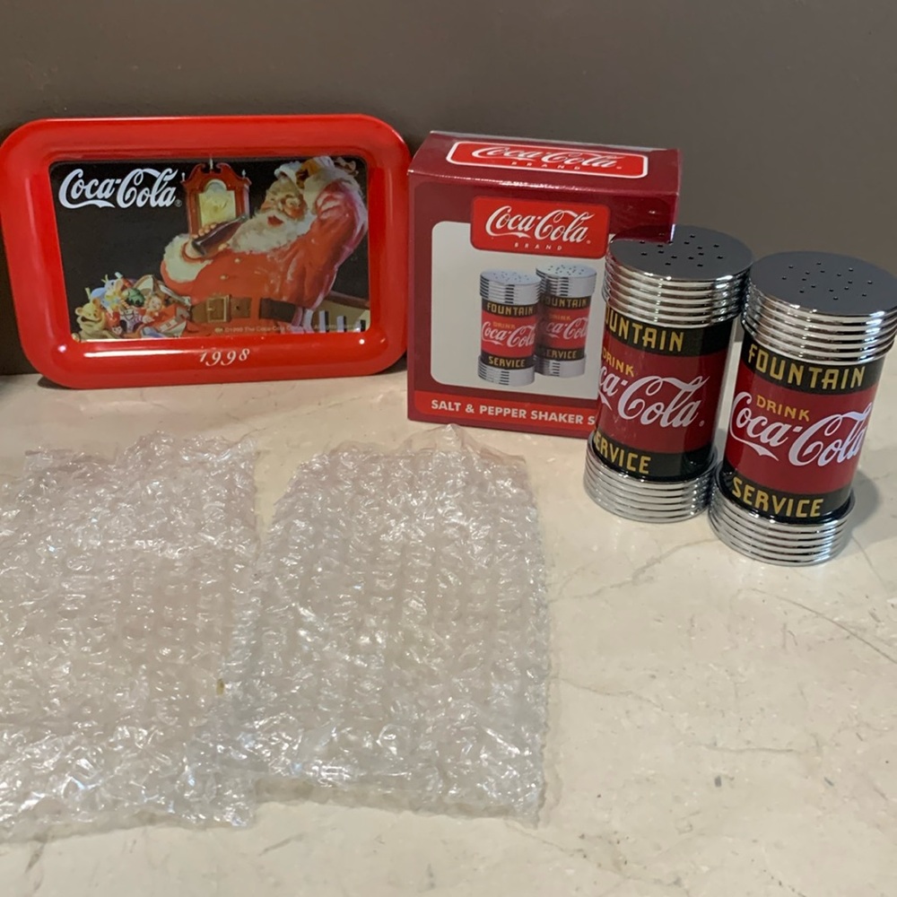 Vintage Coca Cola Retro Salt & Pepper shakers and 1998 Santa tray